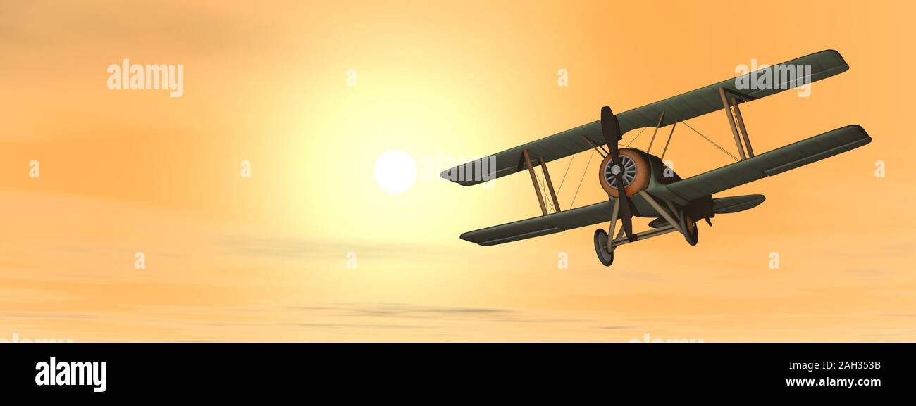 Old retro biplane flying in the sky - 3D render Stock Photo - Alamy