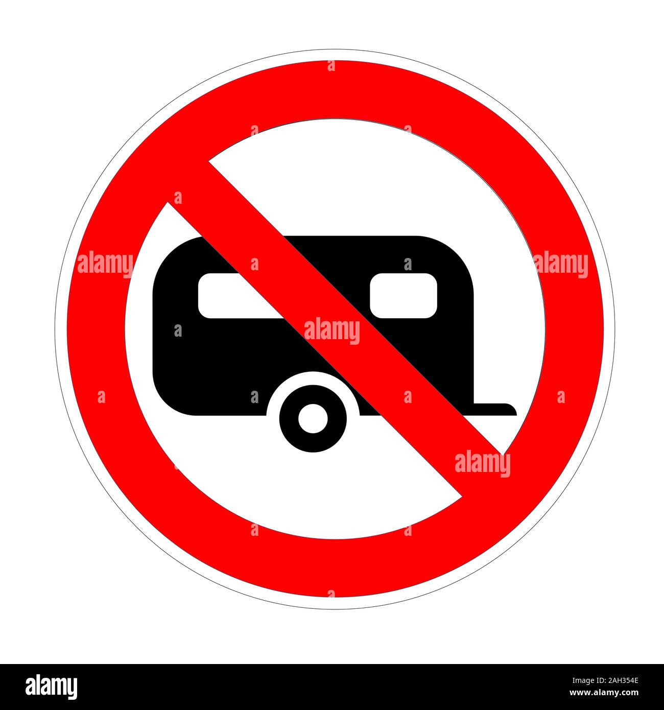 Warning banner no campervan, not allowed recreational vehicule rv symbol, ban caravans and camping car red prohibition sign Stock Photo