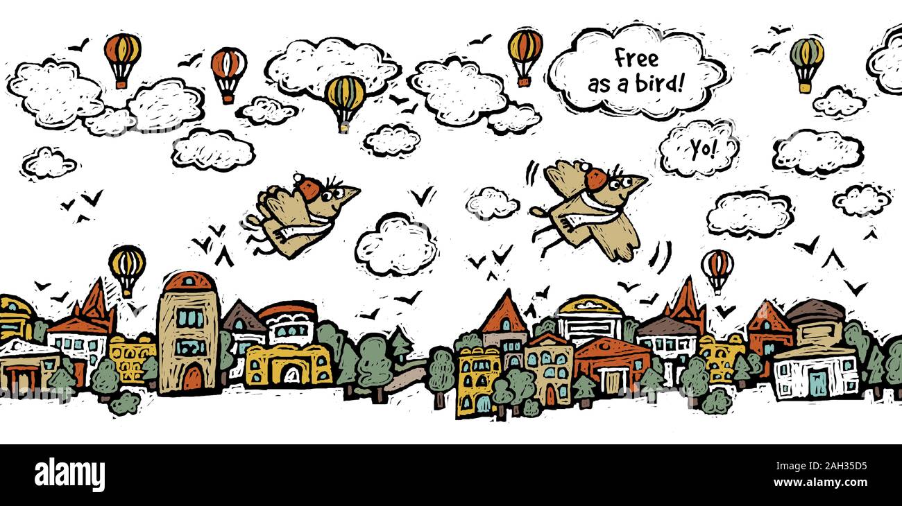Freedom fly bird sky clouds houses isolate objects on white Stock Vector