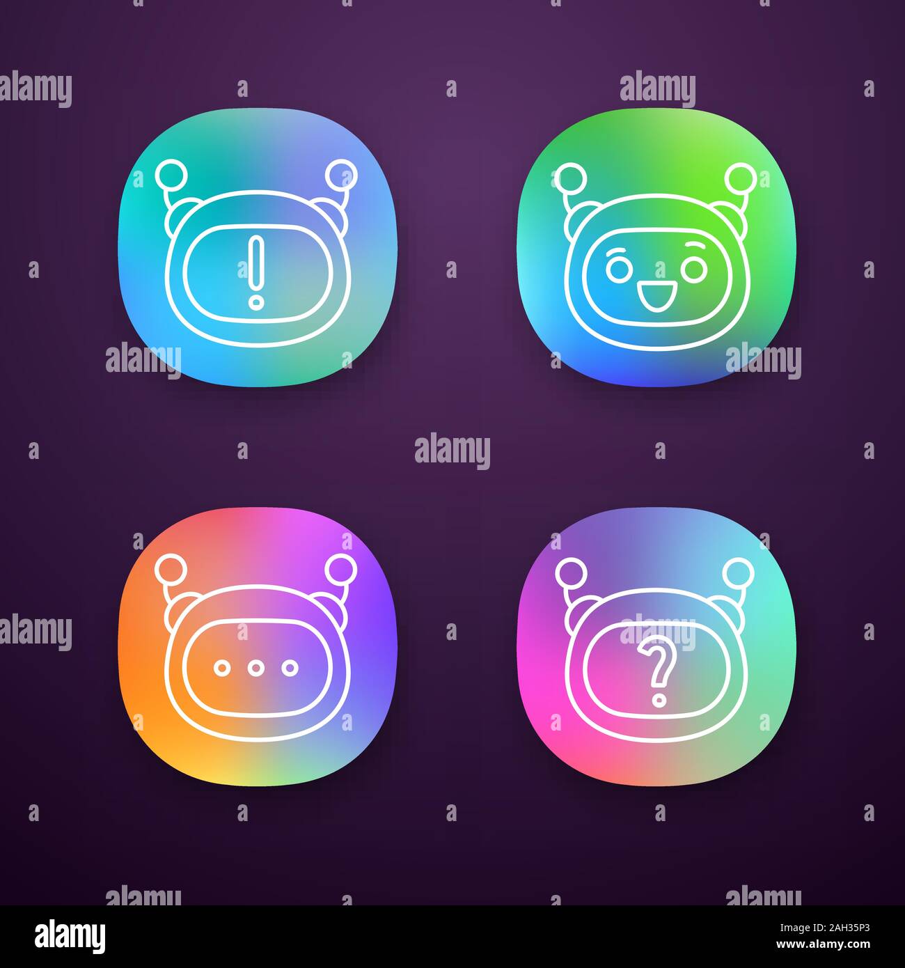 Robot emojis app icons set chat bot notification and faq laughing