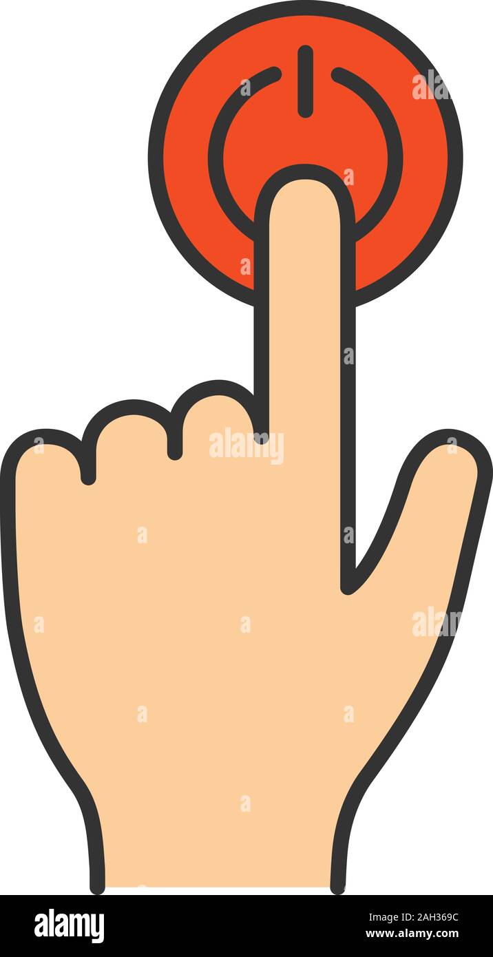 Power button click color icon. Start. Turn on. Hand pressing button ...