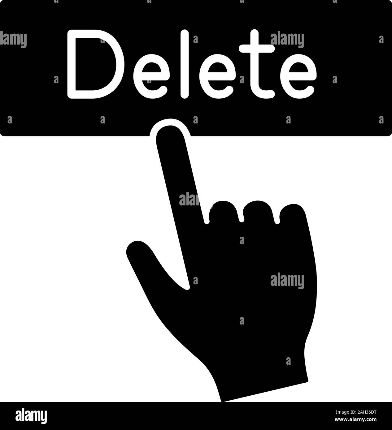 Delete button click glyph icon. Silhouette symbol. Del. Hand pressing button. Negative space. Vector isolated illustration Stock Vector