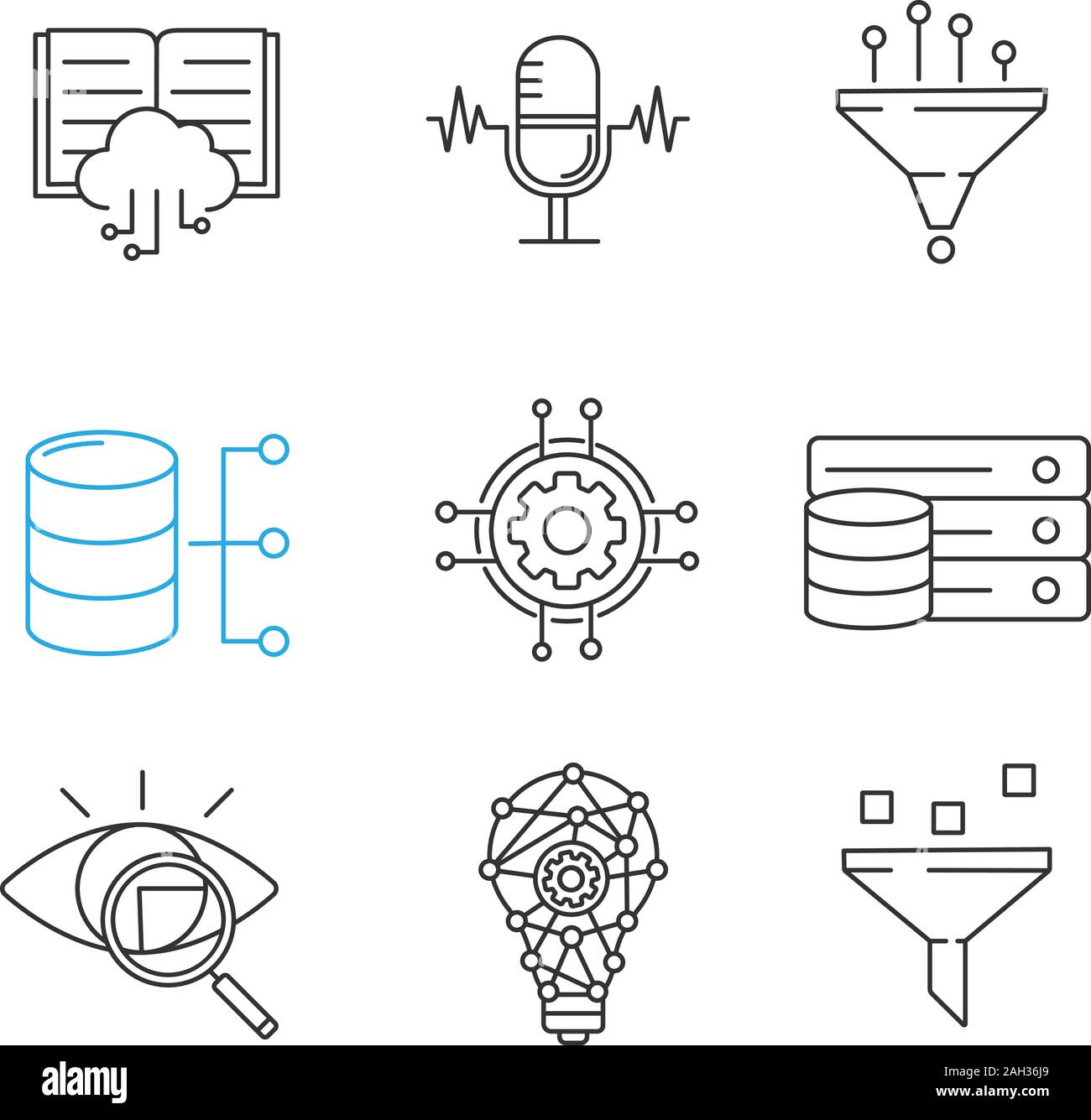 Machine learning linear icons set. Artificial intelligence. Database ...