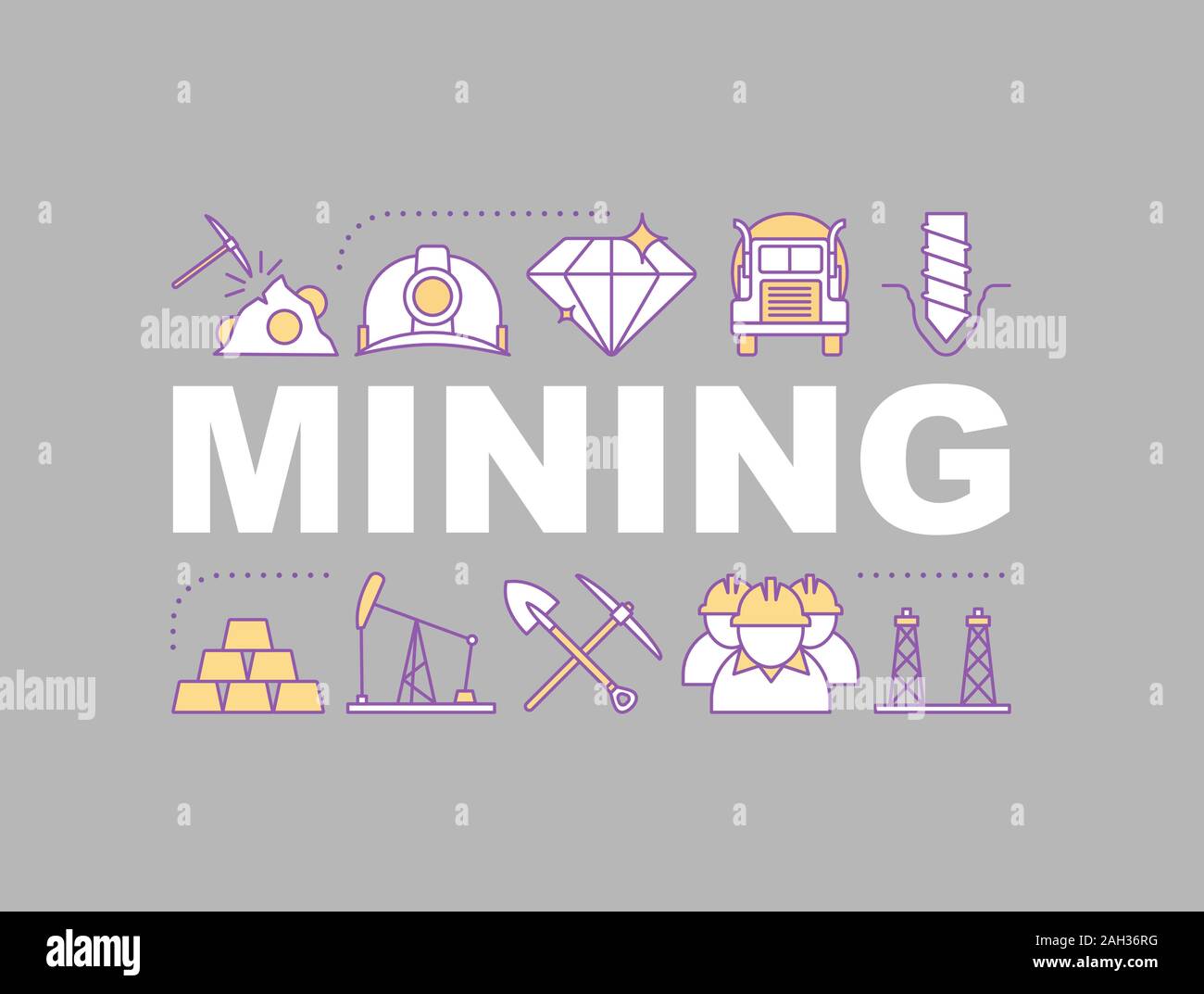 Coal mining industry word concepts banner. Miners, equipment, transport ...
