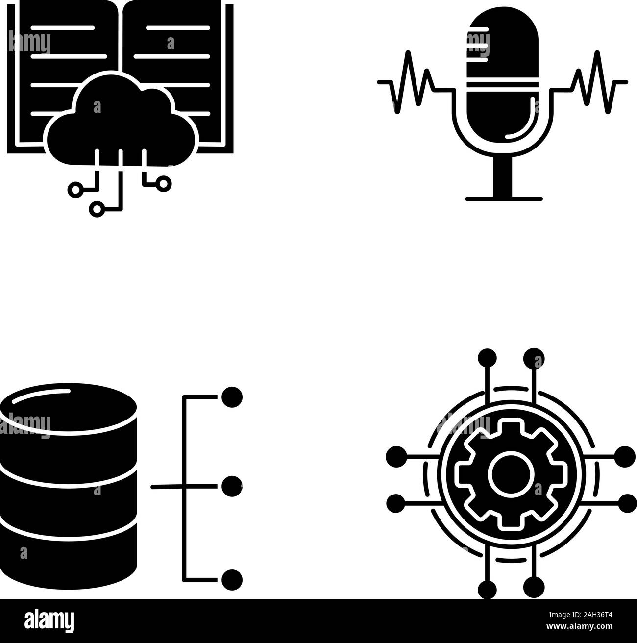 Machine learning glyph icons set. Voice recognition, cloud computing, relational database, digital settings. Silhouette symbols. Vector isolated illus Stock Vector