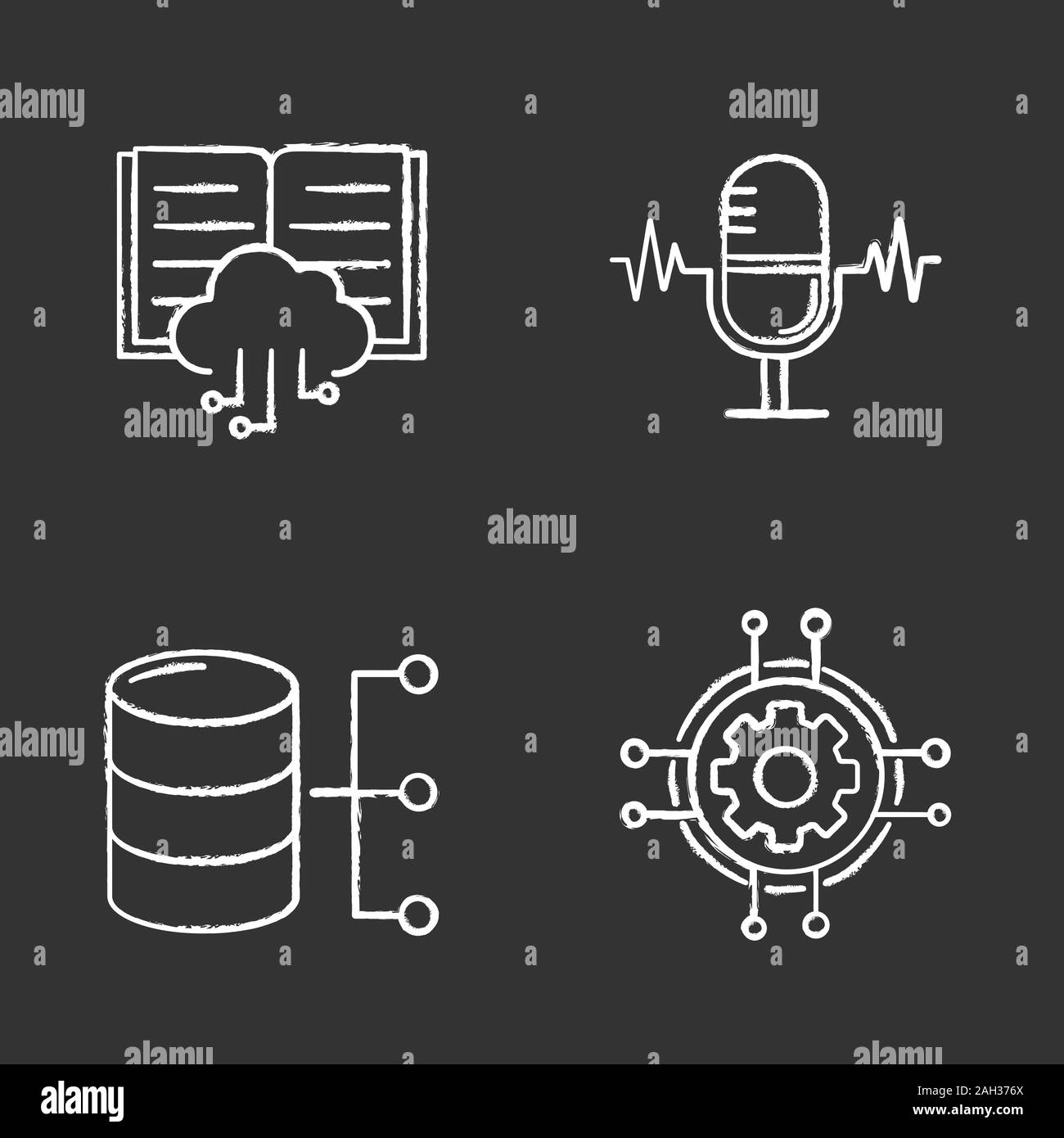 Machine learning chalk icons set. Voice recognition, cloud computing, relational database, digital settings. Isolated vector chalkboard illustrations Stock Vector