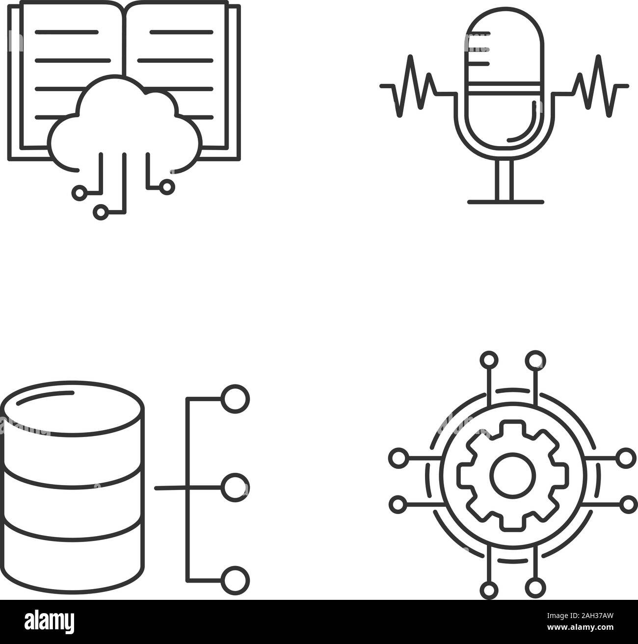 Machine learning linear icons set. Voice recognition, cloud computing, relational database, digital settings. Thin line contour symbols. Isolated vect Stock Vector