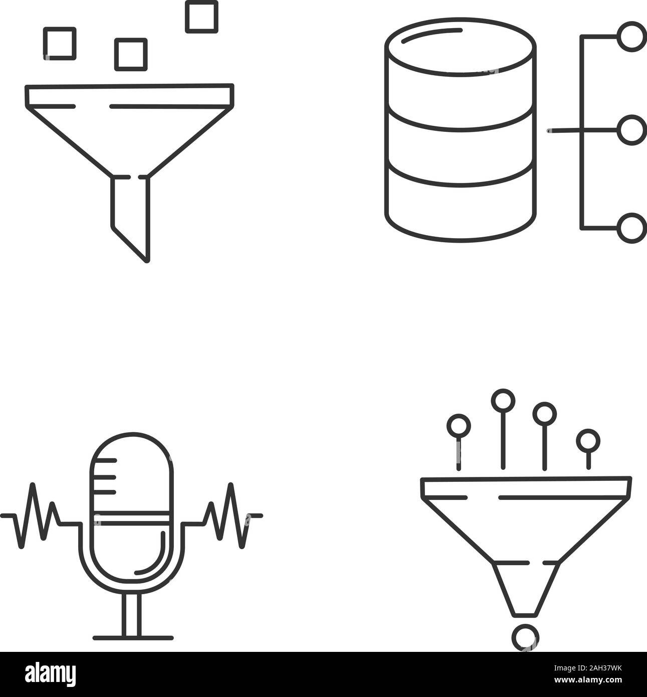 Machine learning linear icons set. Data filtering, relational database, voice recognition, statistics. Thin line contour symbols. Isolated vector outl Stock Vector