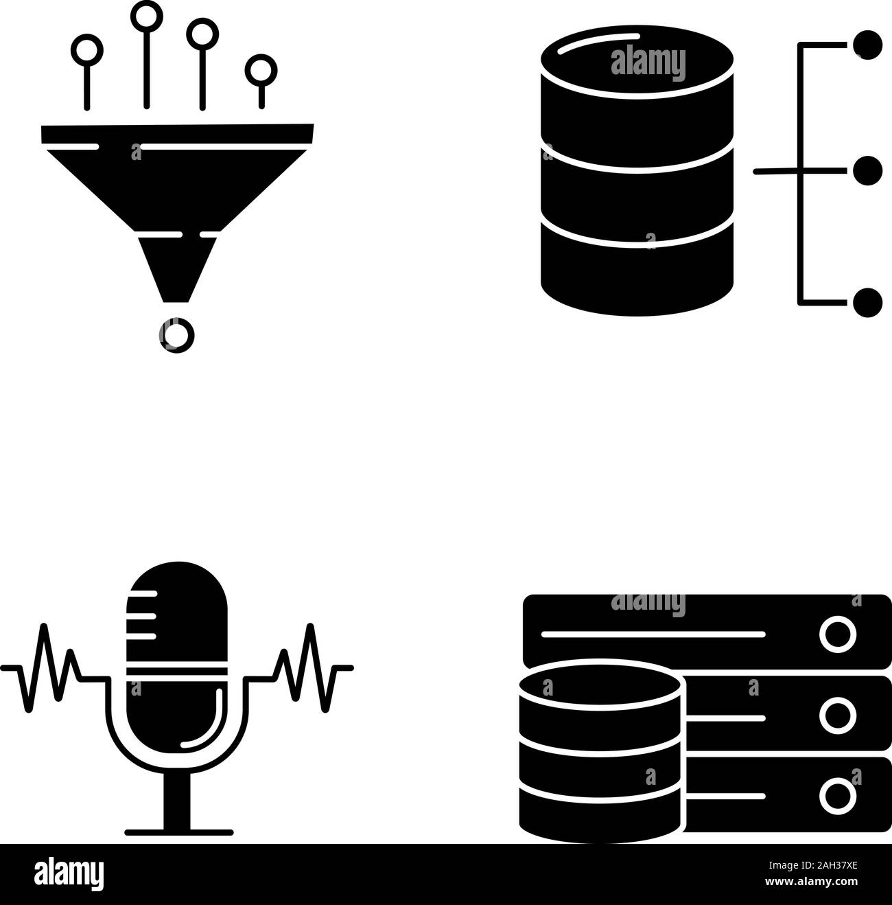 Machine learning glyph icons set. Data filtering, relational database, server, voice recognition. Silhouette symbols. Vector isolated illustration Stock Vector