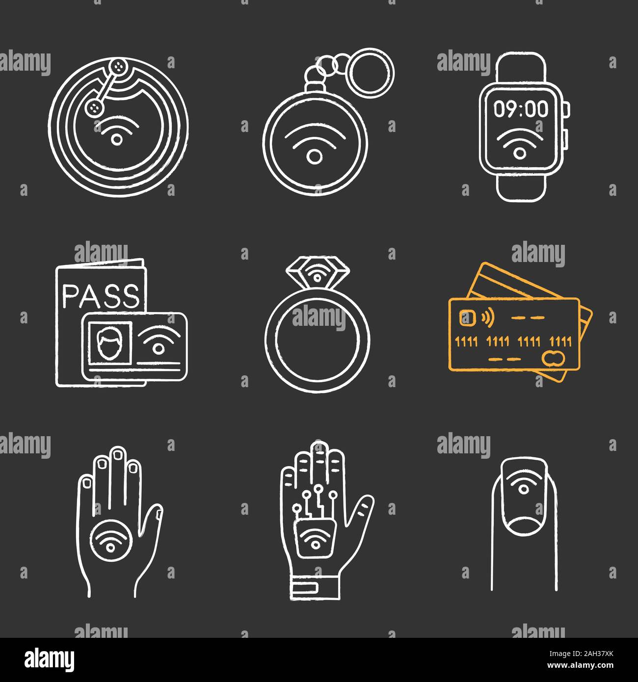 NFC technology chalk icons set. Near field chip, trinket, smartwatch