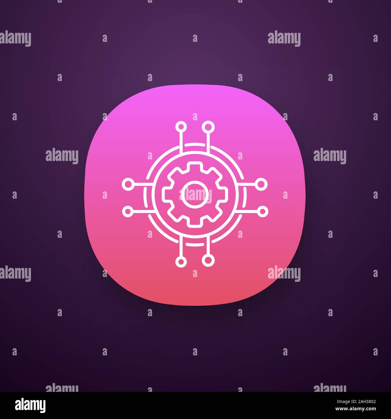 Digital settings app icon. Technological progress and innovation. UI/UX user interface. Gear. Machine learning. Cogwheel in chipset pathways. Web or m Stock Vector