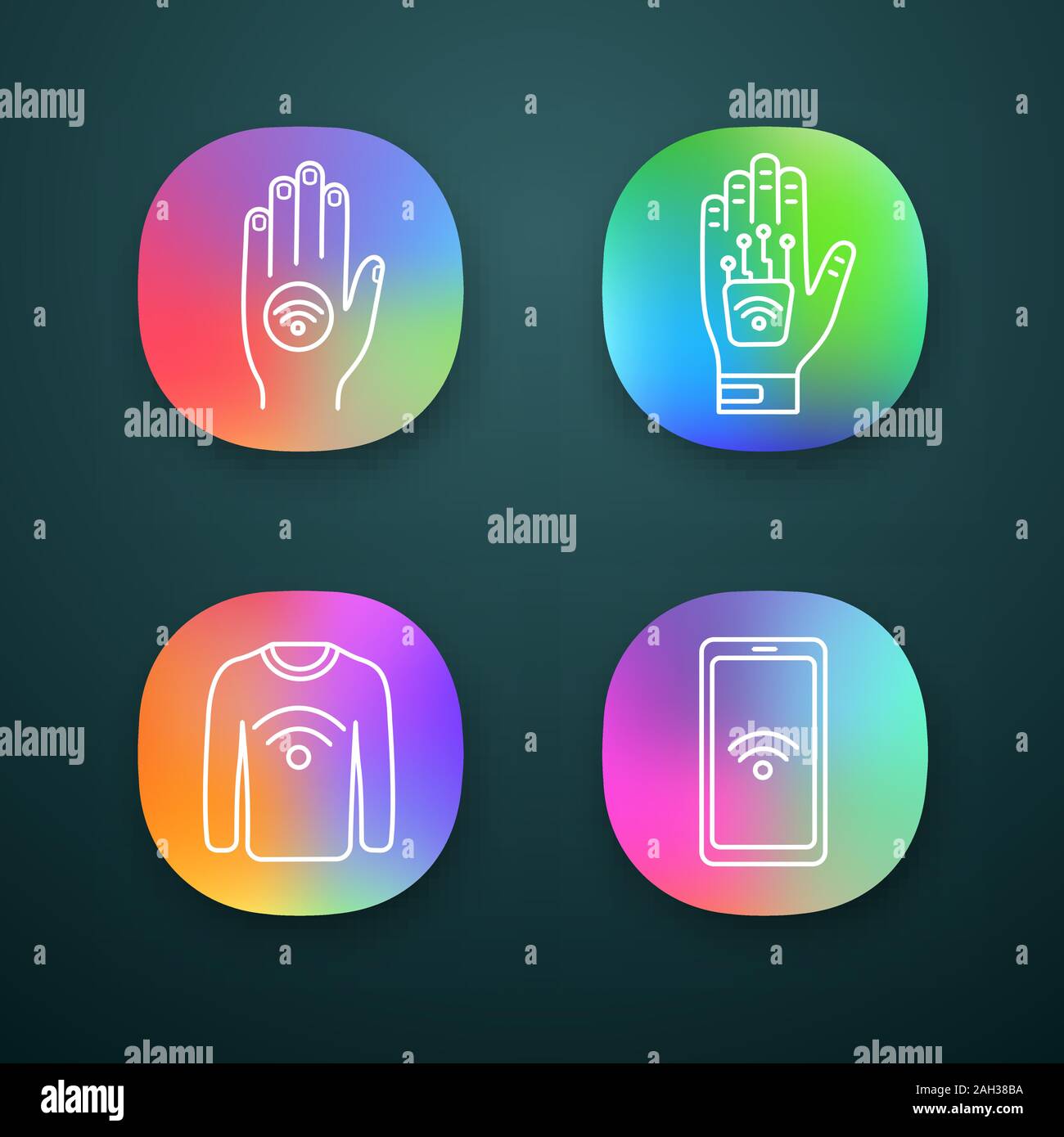NFC technology app icons set. Near field hand sticker, implant, clothes ...