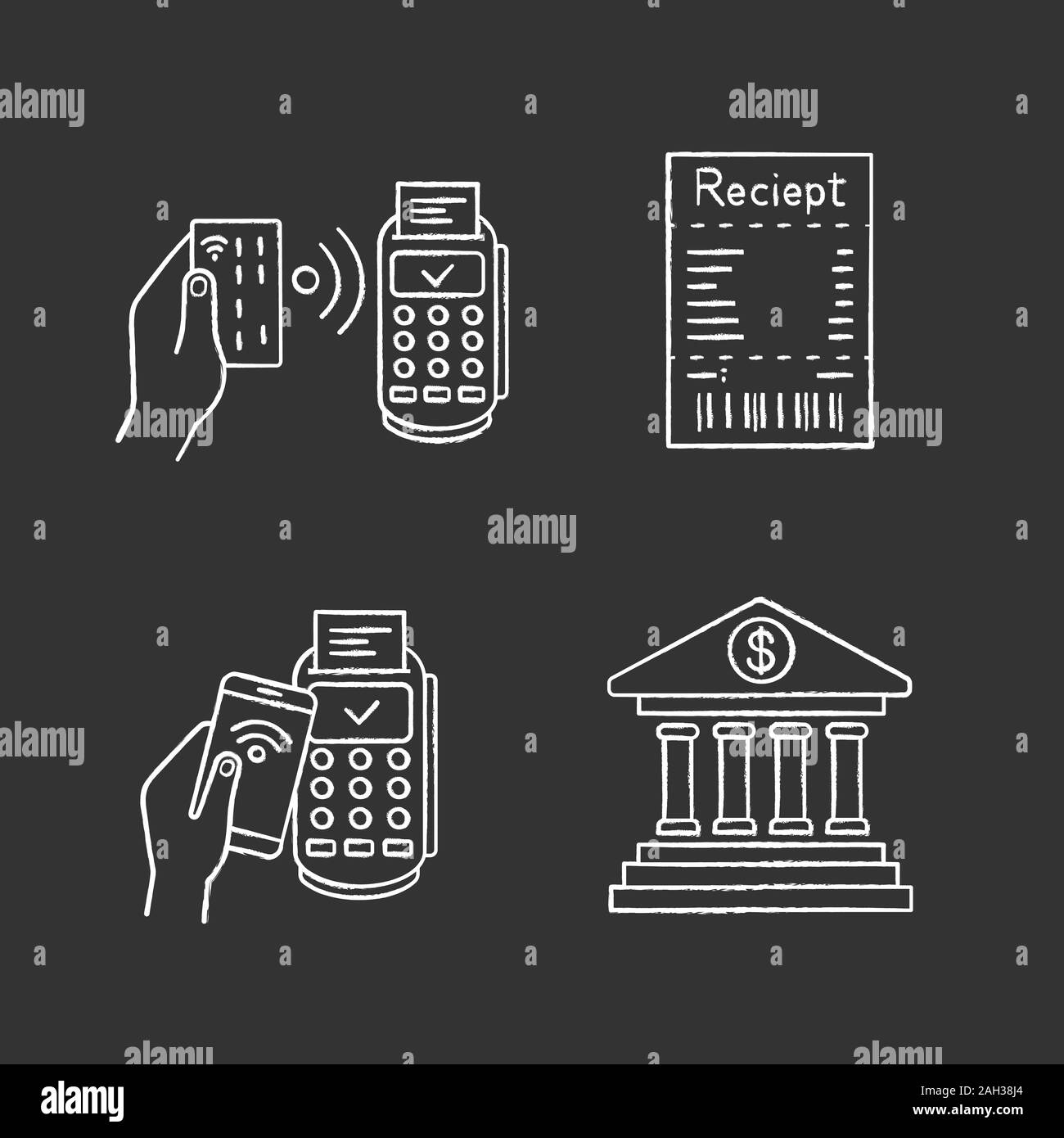 NFC payment chalk icons set. POS terminal, cash receipt, pay with