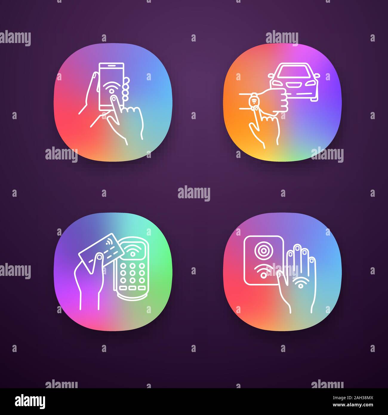 NFC technology app icons set. Near field smartphone, car and bracelet ...