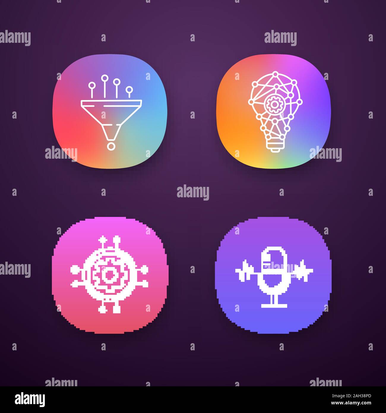 Machine learning app icons set. Data filtering, innovation process ...