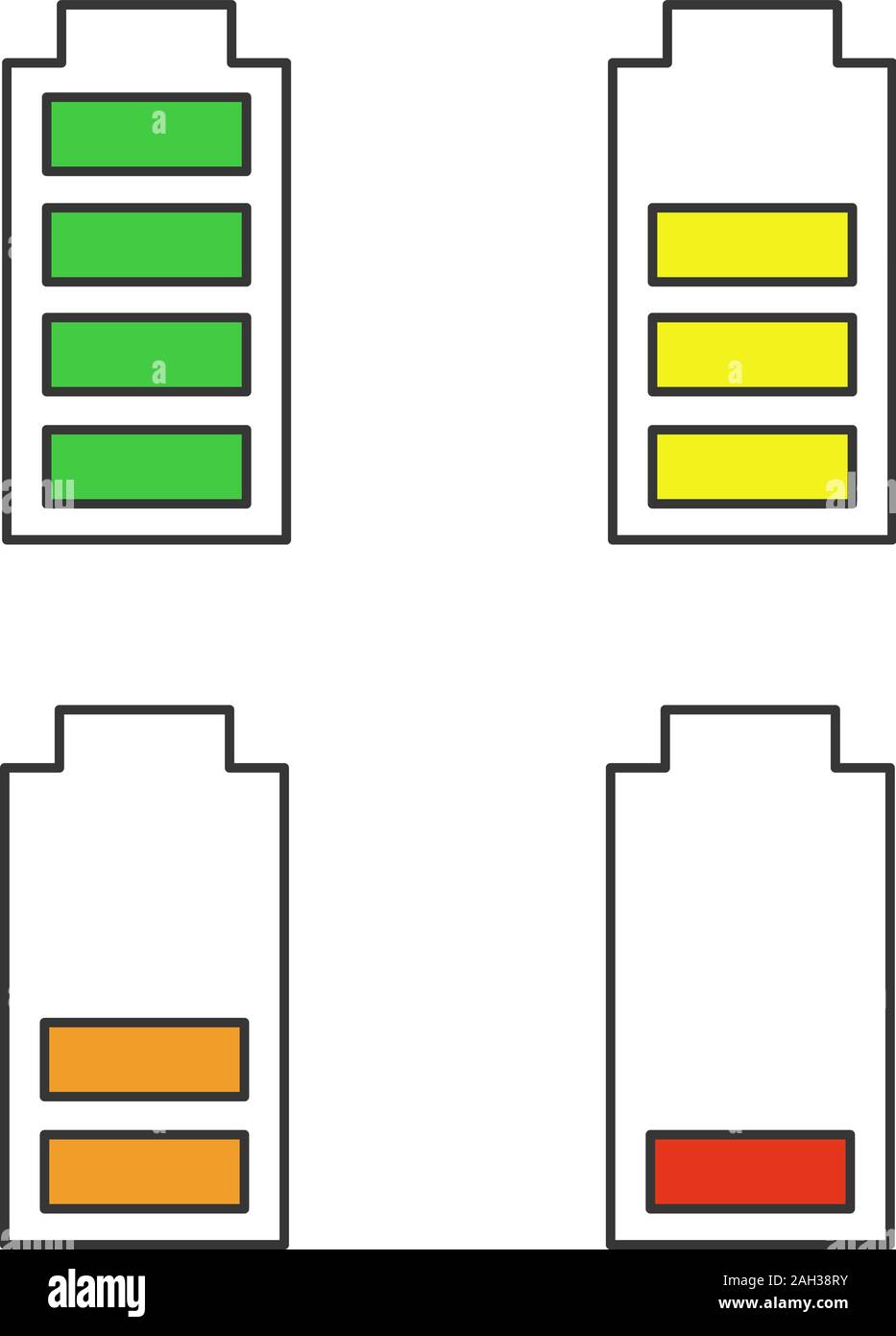 Battery charging color icons set. Battery level indicators. Low, middle ...