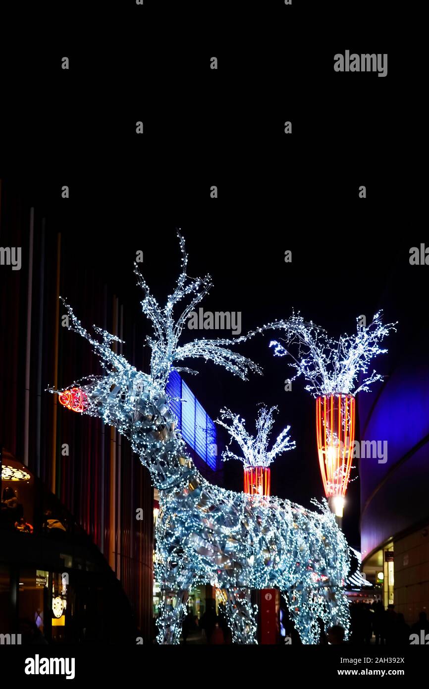Lighted art figured of Rudolph the Red-Nosed Reindeer in Liverpool ONE Stock Photo