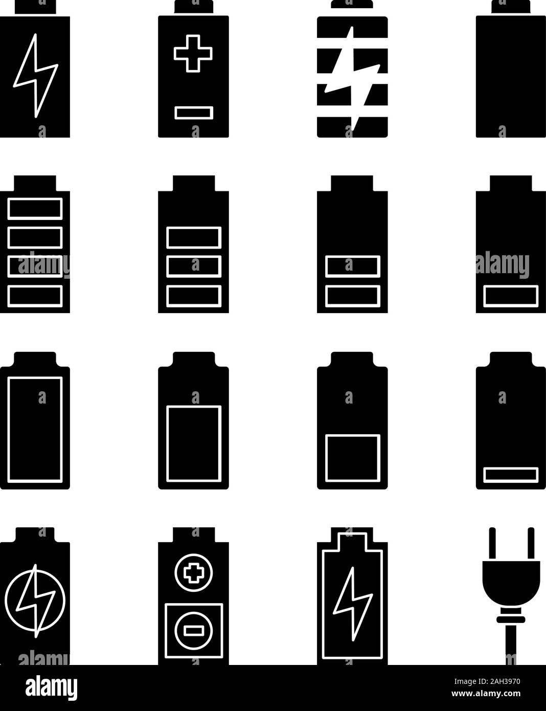 Battery charging glyph icons set. Battery level indicators. Low, middle and high charge. Silhouette symbols. Vector isolated illustration Stock Vector