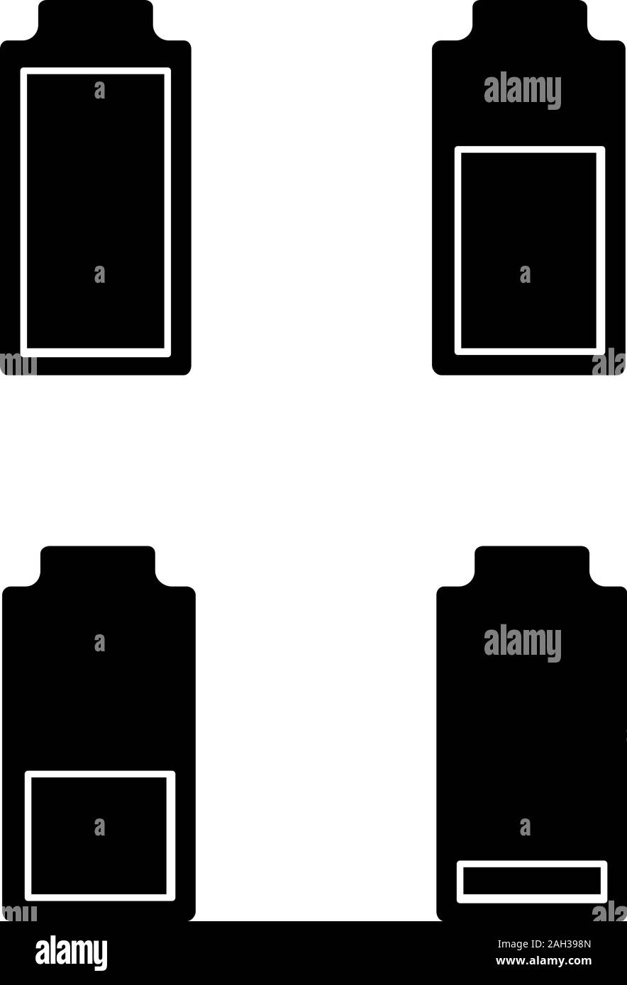 Battery charging glyph icons set. Battery level indicators. Low, middle and high charge. Silhouette symbols. Vector isolated illustration Stock Vector