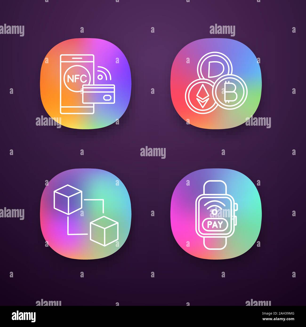 E-payment app icons set. NFC technology, cryptocurrency, blockchain ...