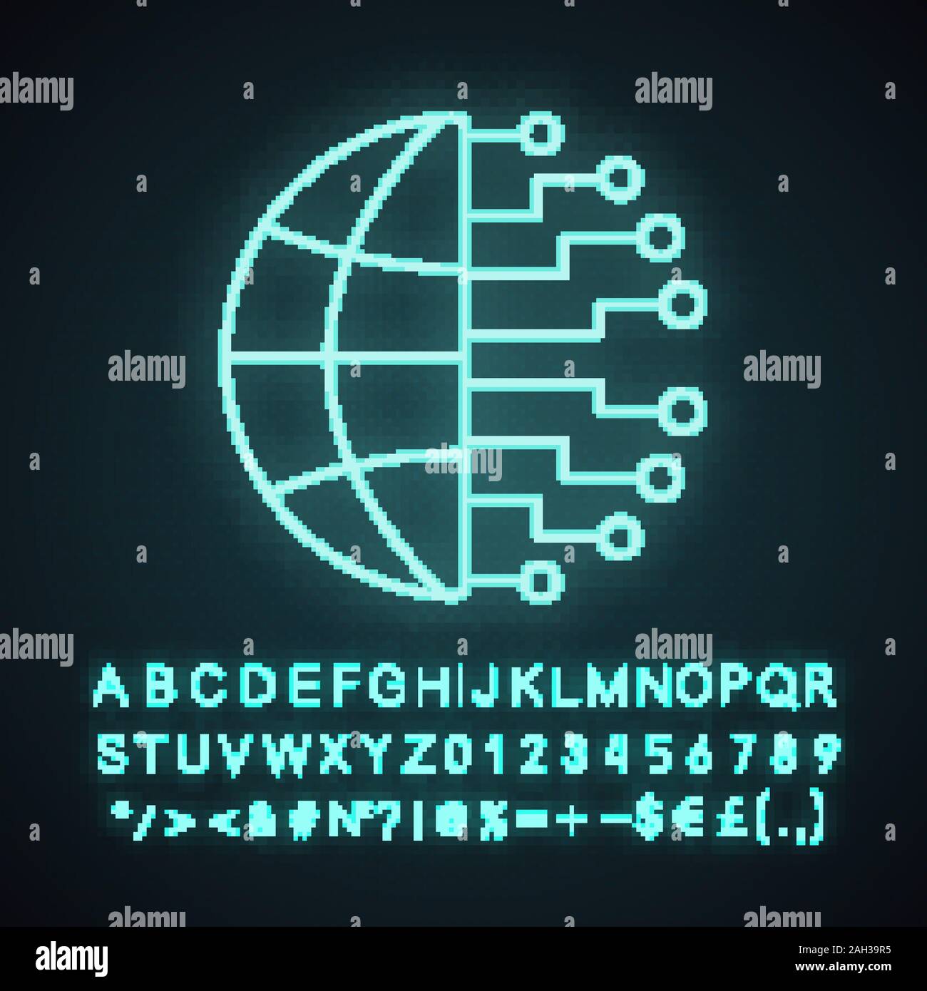 Big data neon light icon. Cloud computing. Database. Artificial intelligence. Cloud network. Glowing sign with alphabet, numbers and symbols. Vector i Stock Vector