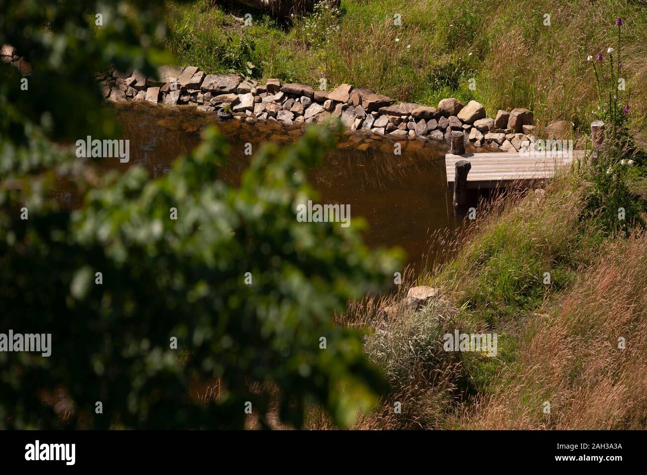 Jetty on garden pond Stock Photo Alamy