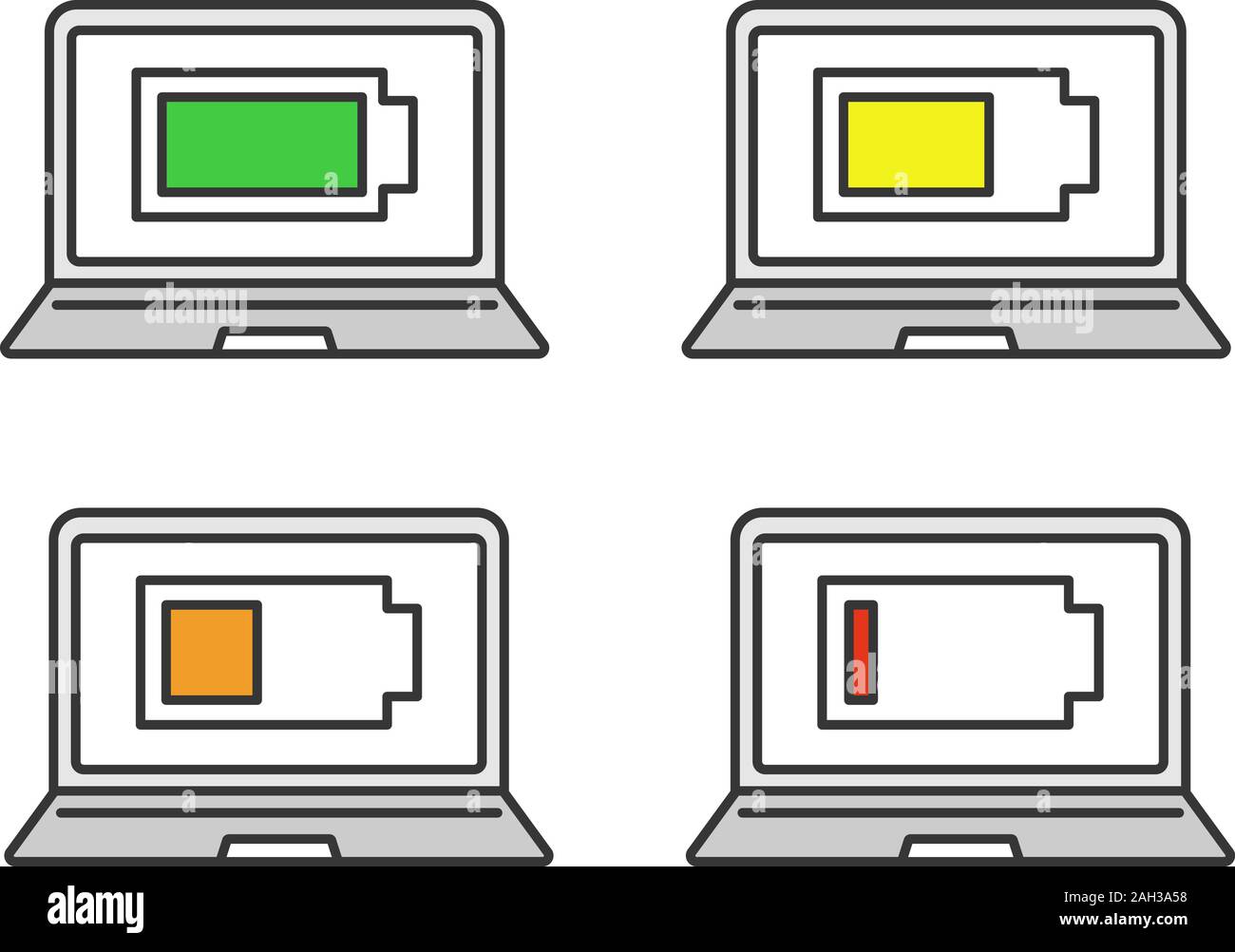 Laptop battery charging color icons set. Computer high, low, middle