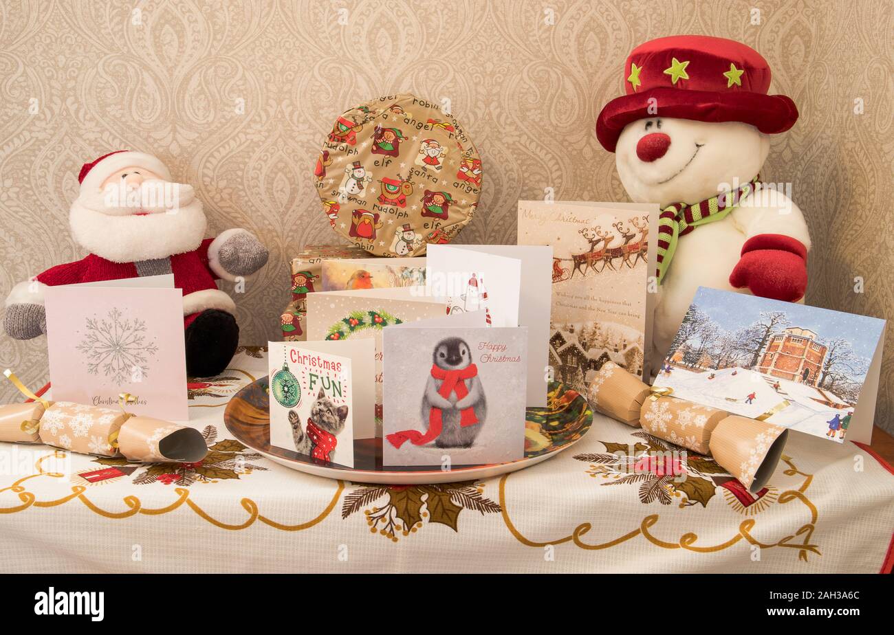 Christmas display including, Santa, Snowman, present and cards, Taken