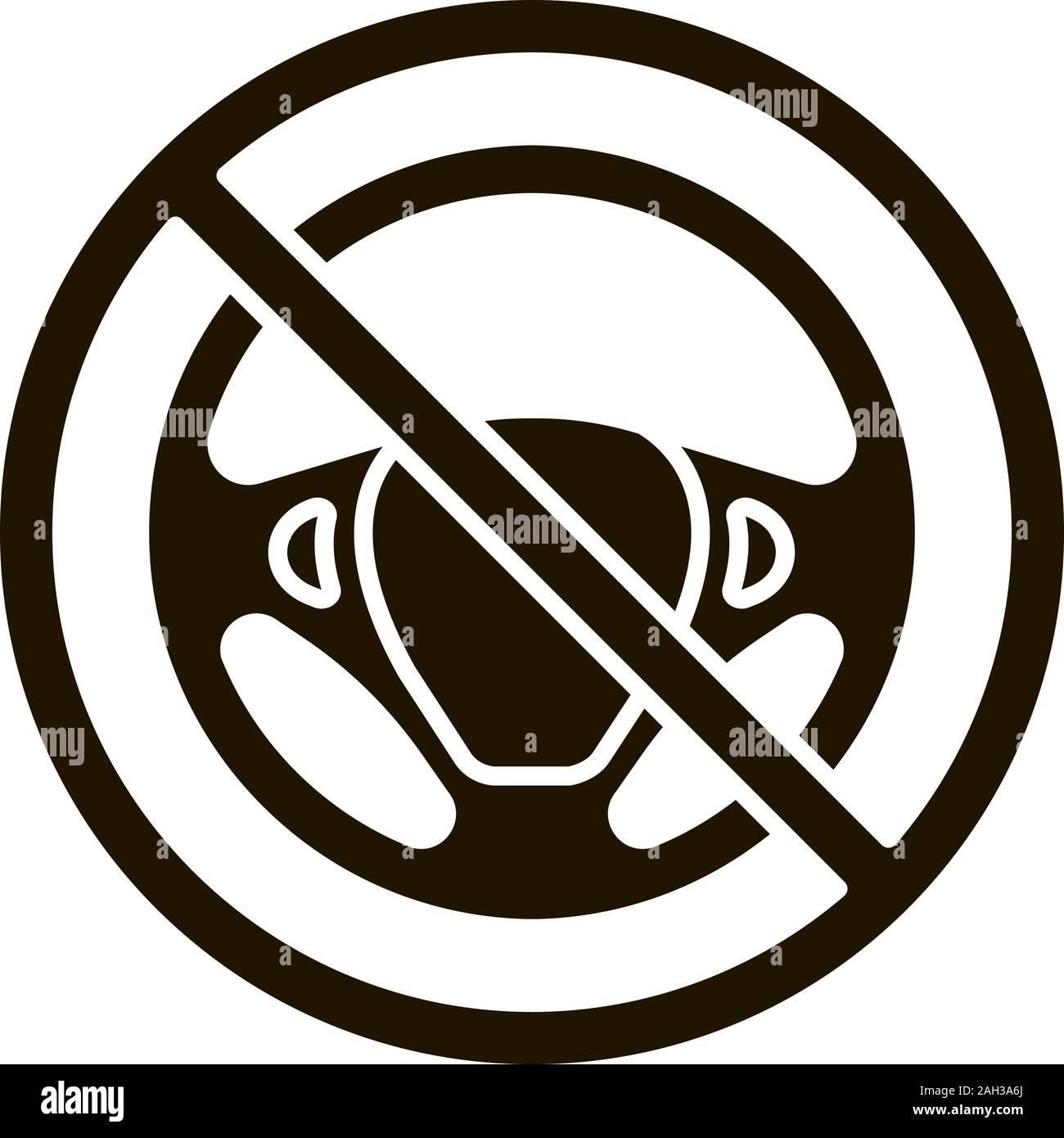 Autonomous car glyph icon. Forbidden sign with car rudder. Autopilot. Driverless car. Silhouette symbol. Steering wheel in prohibition circle. Negativ Stock Vector