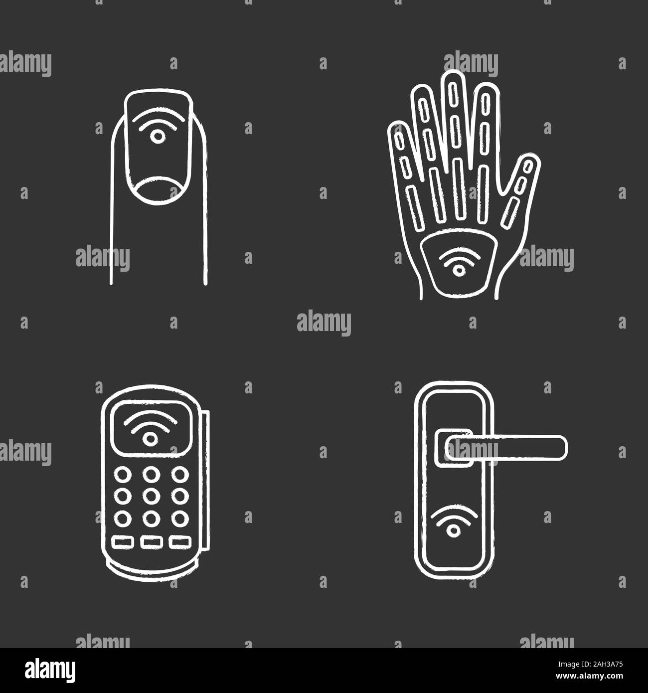 NFC technology chalk icons set. Near field manicure, hand implant, POS