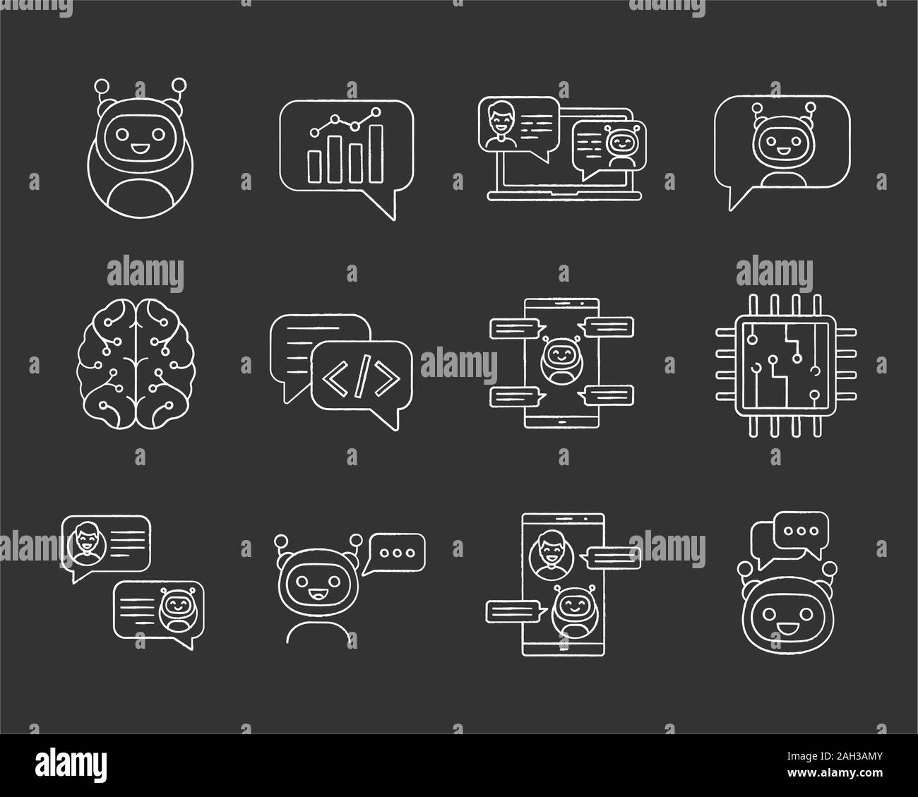 Chatbots chalk icons set. Chat bots. Talkbots. Virtual assistants. Support, chat, code, messenger bots. Online helpers. Isolated vector chalkboard ill Stock Vector
