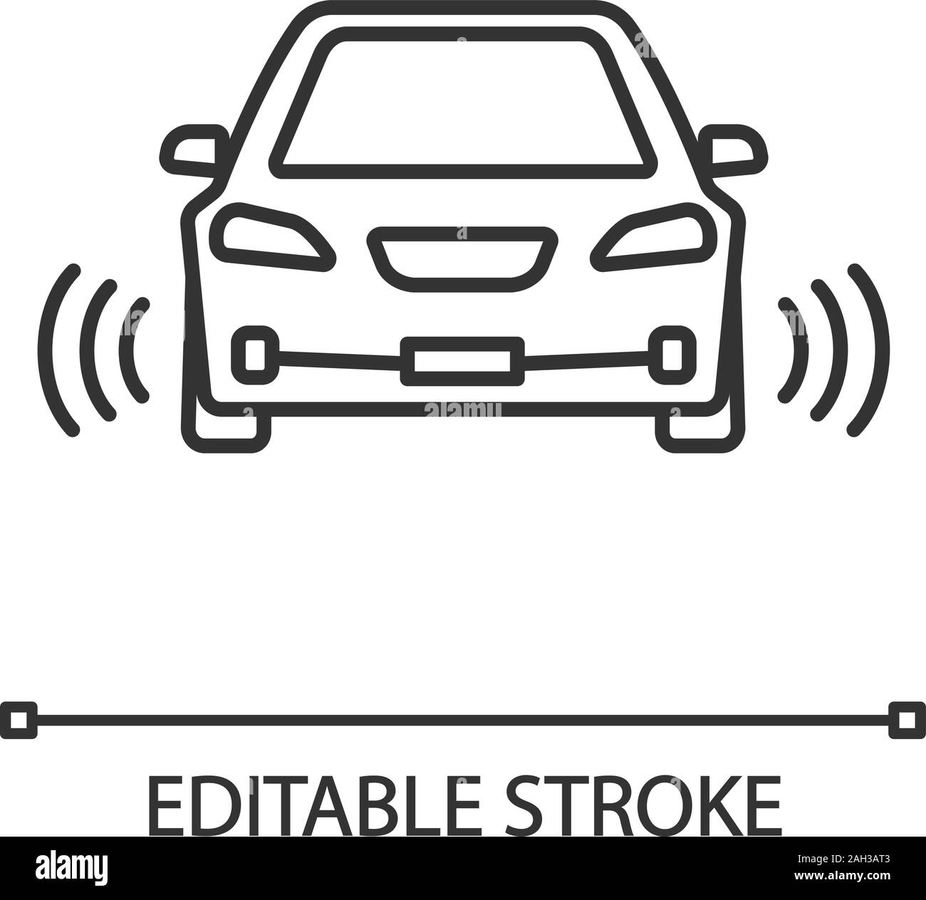 Smart car in front view linear icon. NFC auto with radar sensors. Thin