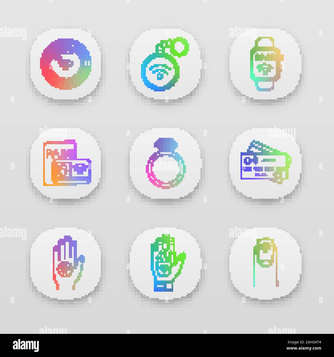 NFC technology app icons set. Near field chip, trinket, smartwatch