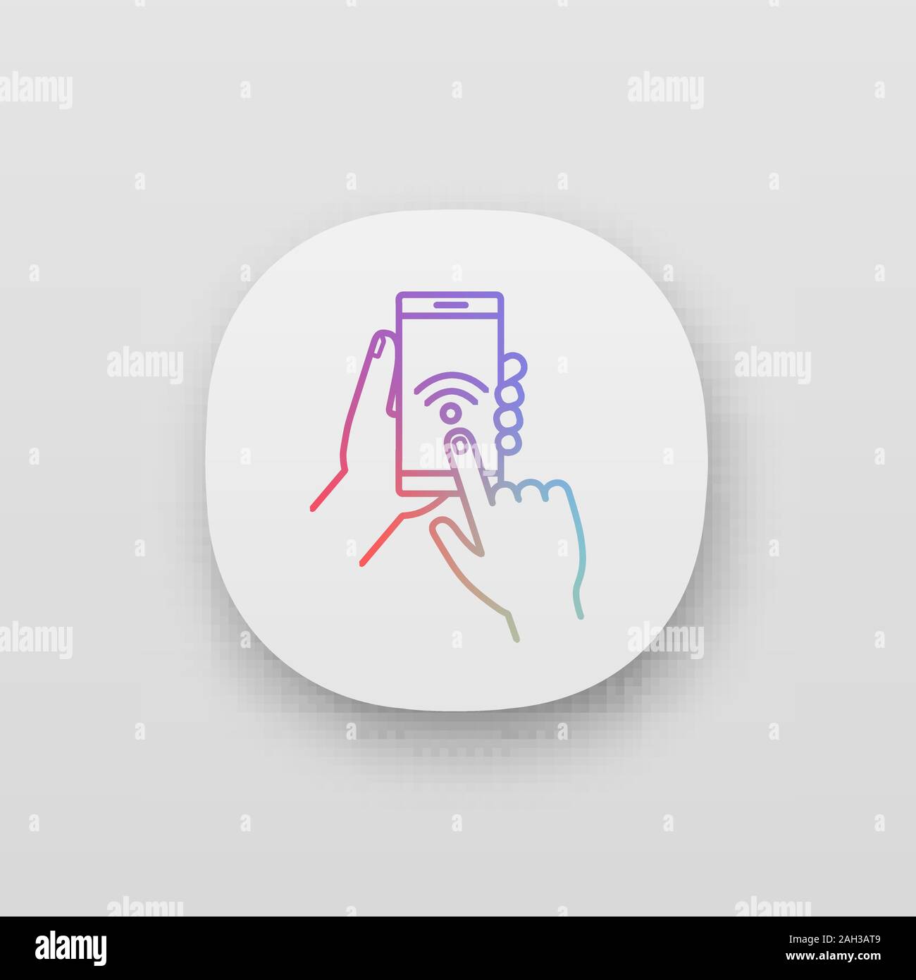 Hands holding NFC smartphone app icon. UI/UX user interface. NFC phone ...