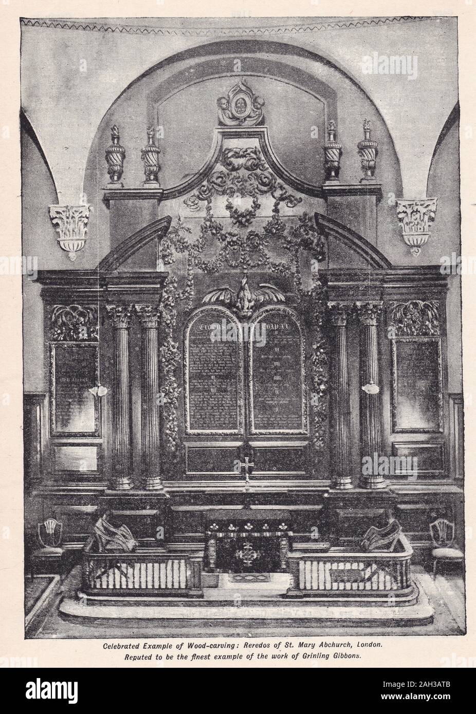 Vintage black and white photo of Celebrated Example of Wood Carving:  Reredos of St. Mary Abchurch, London by Grinling Gibbons Stock Photo