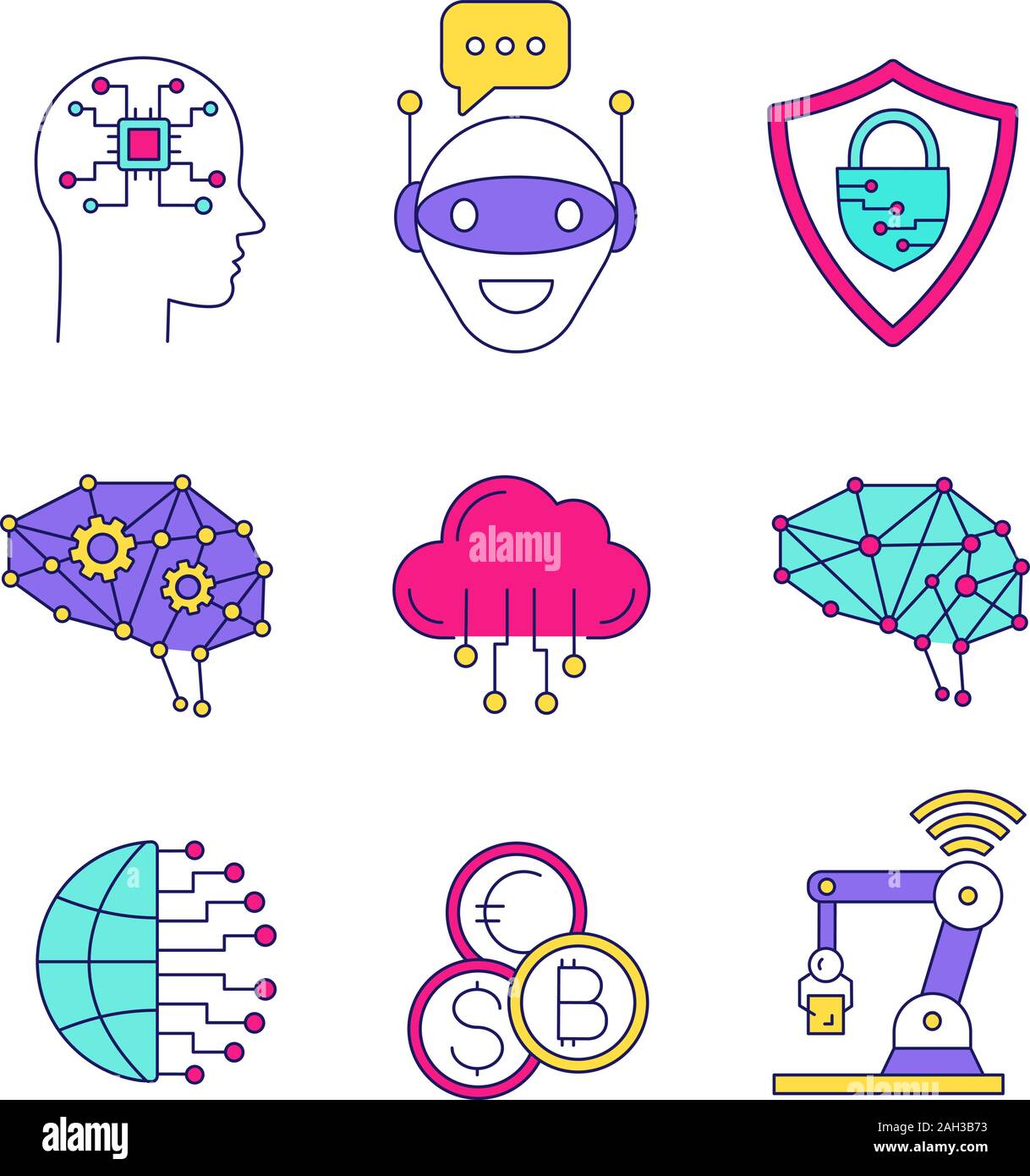 Artificial intelligence color icons set. AI. Chat bot, cybersecurity ...