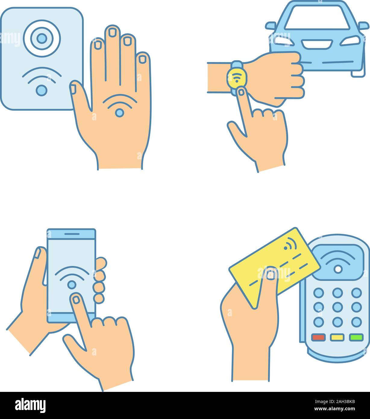 NFC technology color icons set. Near field smartphone, car and bracelet, payment terminal, reader. Isolated vector illustrations Stock Vector