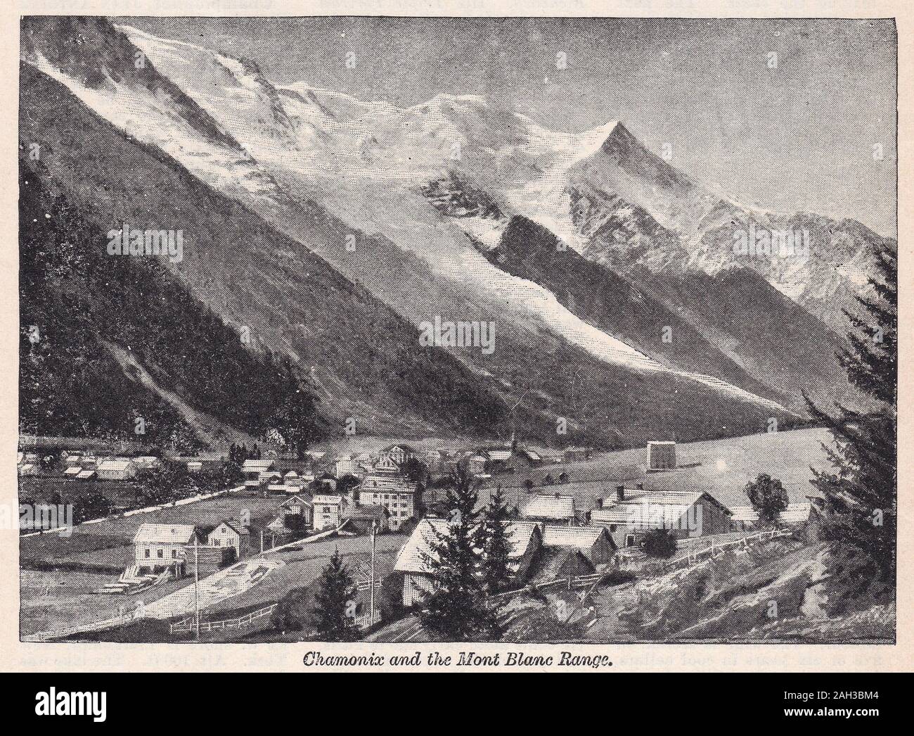 Vintage black and white photo of Chamonix and the Mont Blanc Range Stock Photo