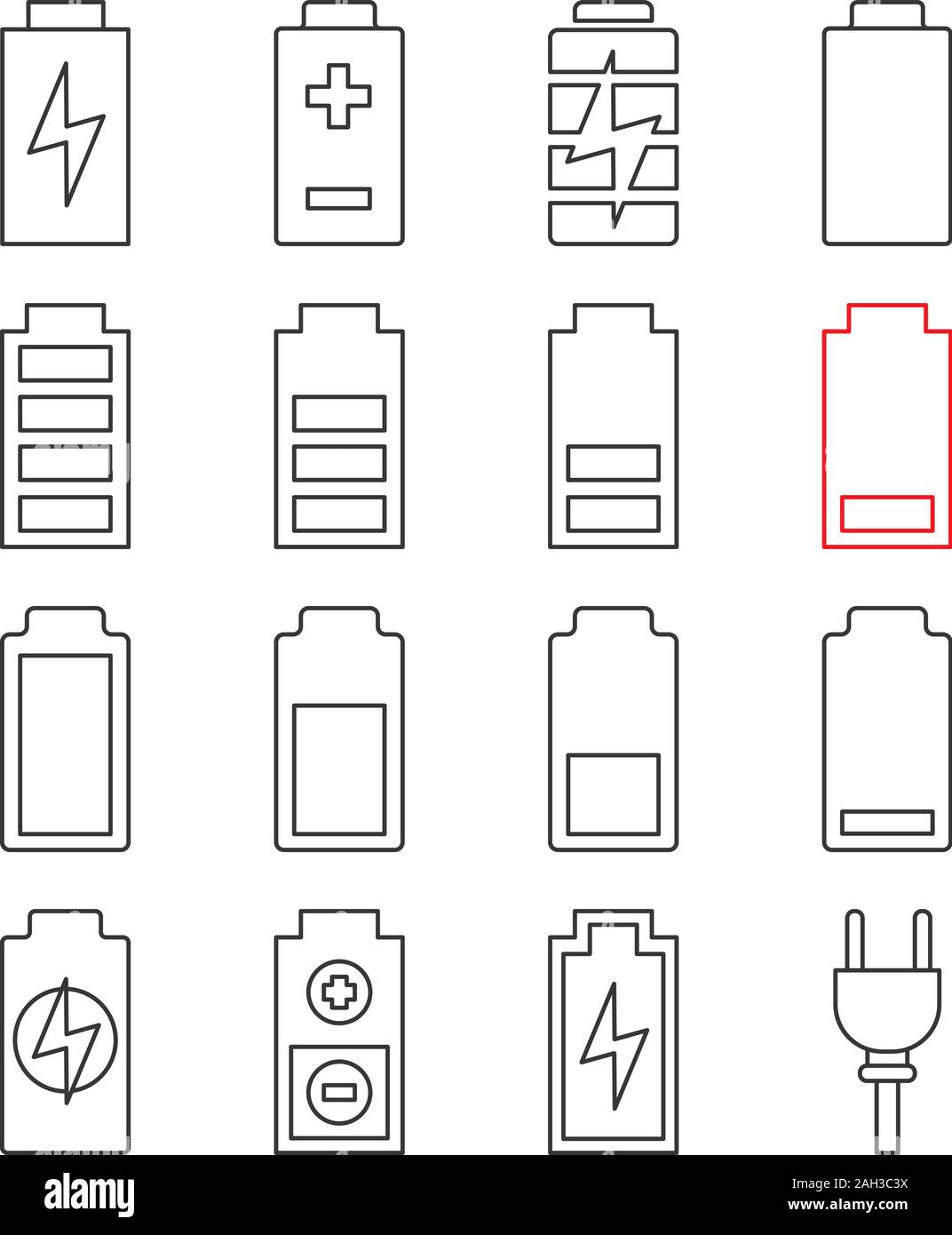 Battery charging linear icons set. Battery level indicators. Low