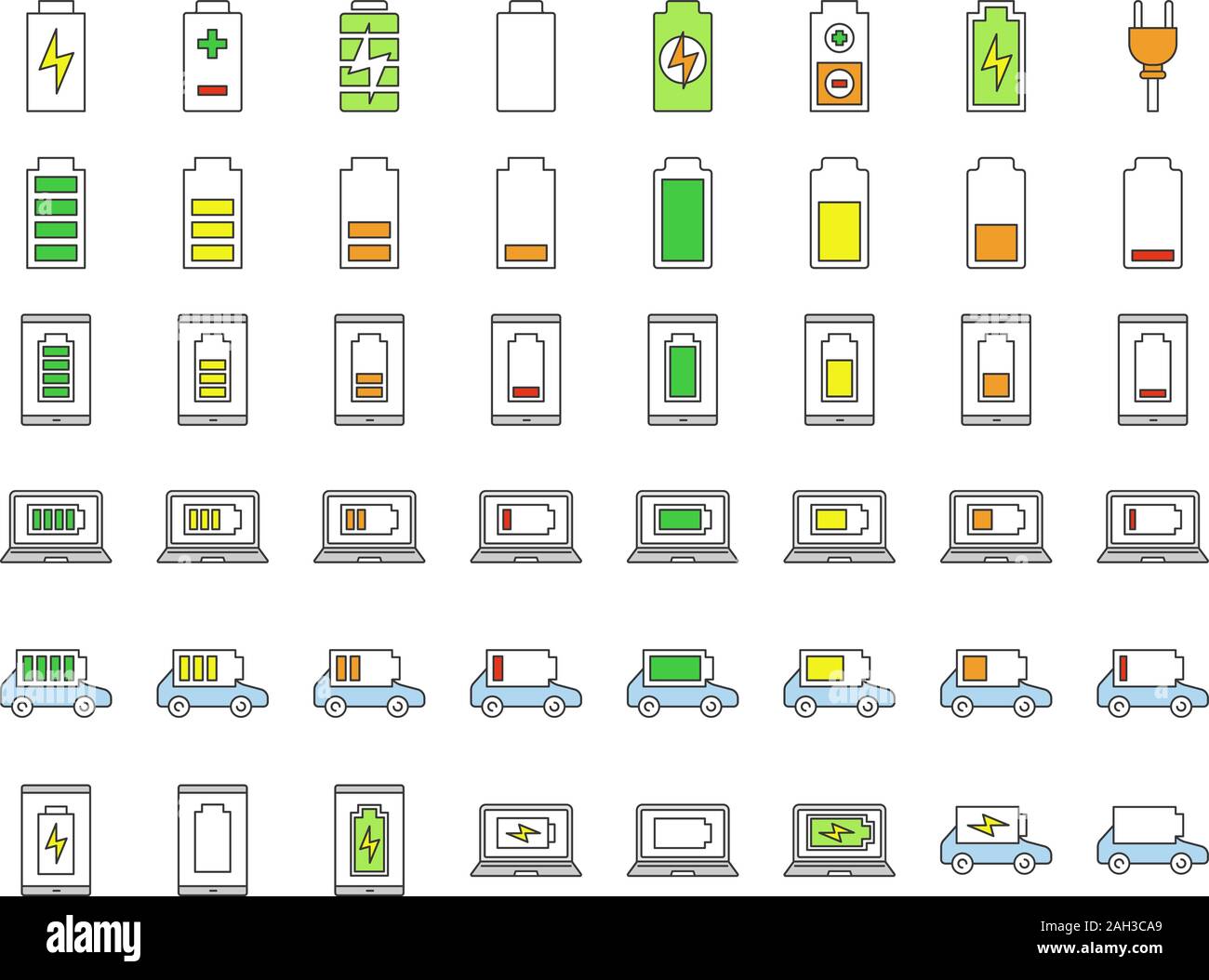 Battery charging color icons set. Smartphone, laptop and electric car ...