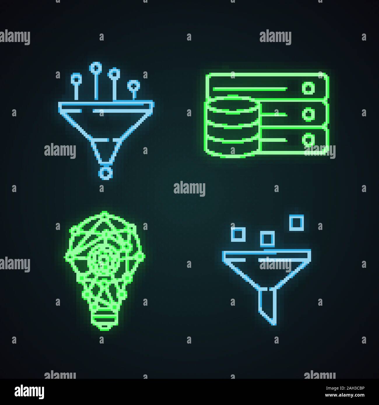 Machine learning neon light icons set. Data filtering, database ...