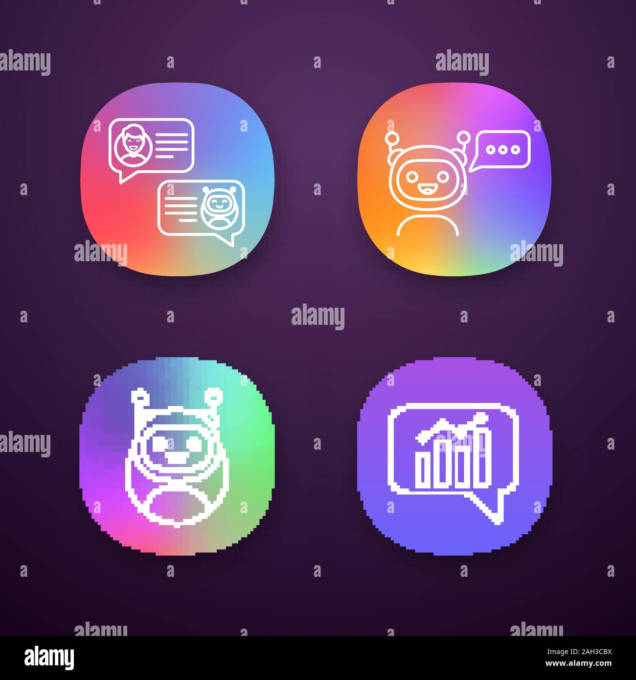 Chatbots app icons set. UI/UX user interface. Virtual assistants. Graph ...