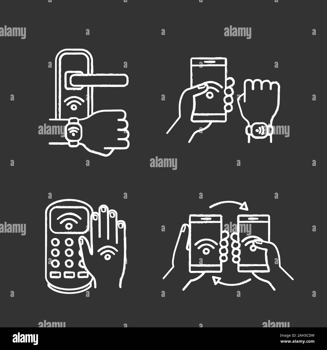 NFC technology chalk icons set. Near field door lock, bracelet, payment