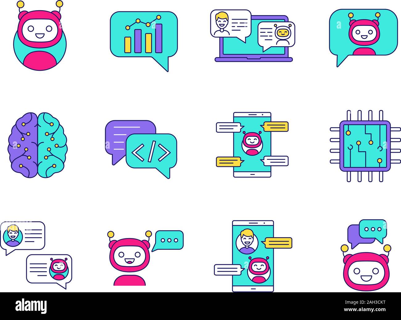 Chatbot color icons set. Chat bots. Talkbots. Virtual assistants