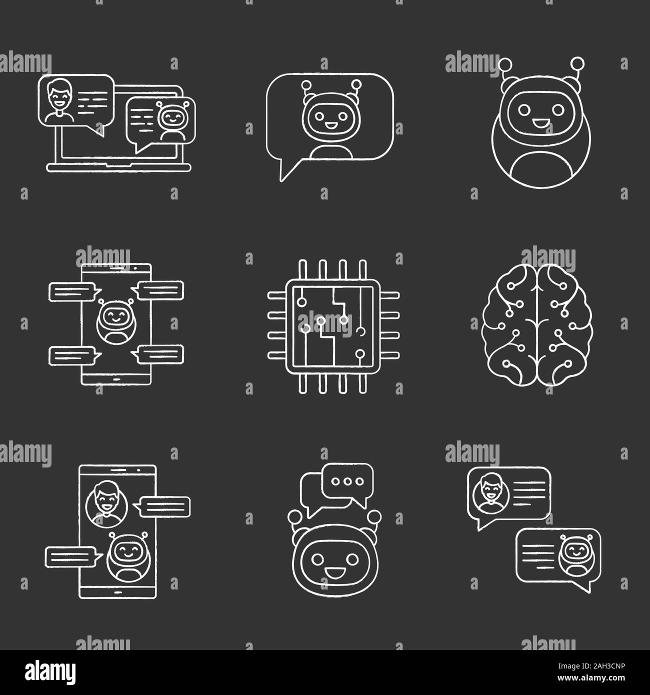 Chatbots chalk icons set. Talkbots. Support service, chat, messenger bots. Modern robots. Digital brain and processor. Chatterbots. Isolated vector ch Stock Vector