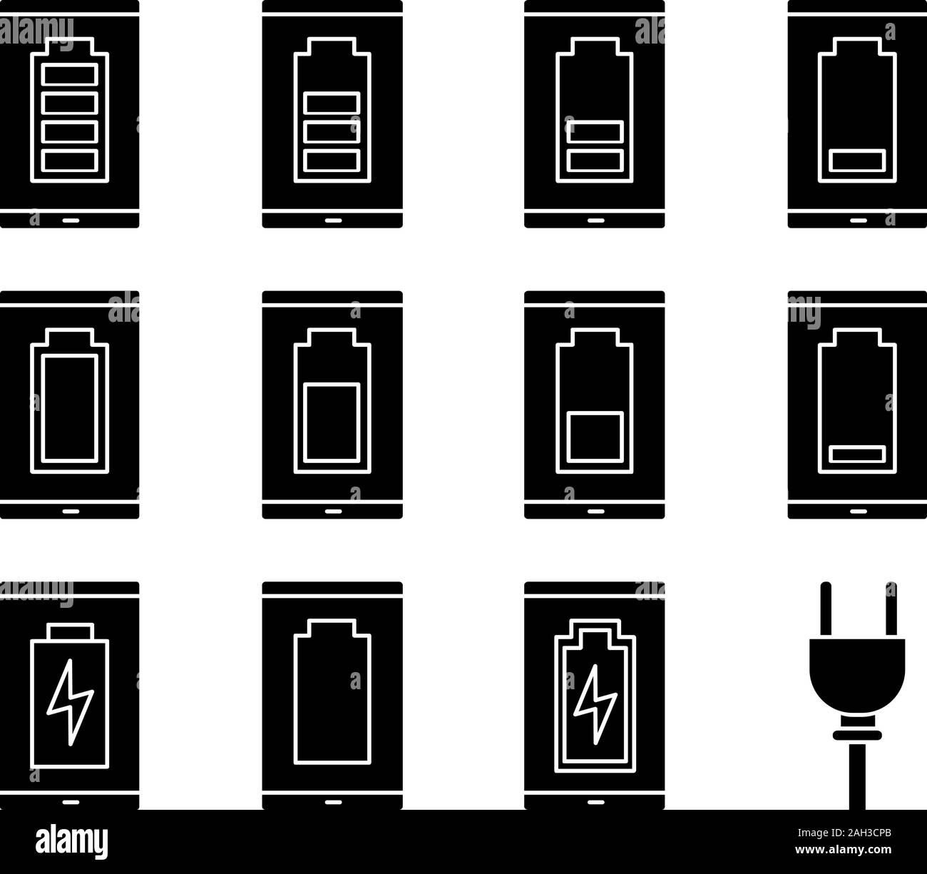Smartphone battery charging glyph icons set. Mobile phone battery level indicator. Middle, low and high charge. Silhouette symbols. Vector isolated il Stock Vector