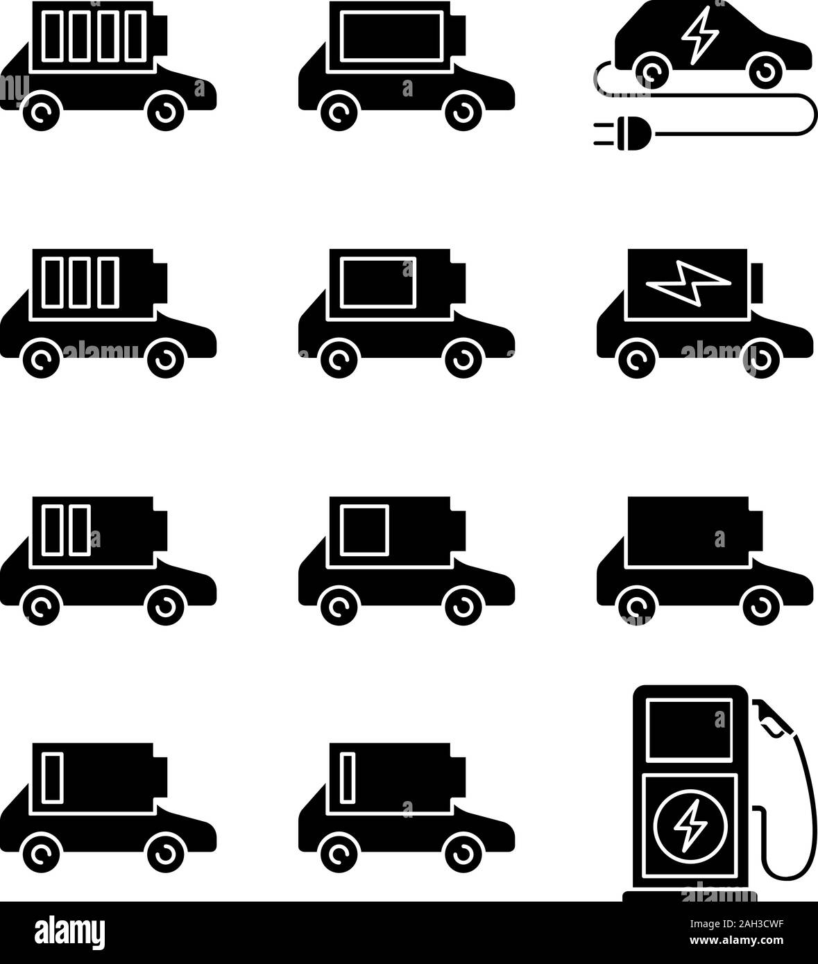Electric car battery charging glyph icons set. Automobile battery level