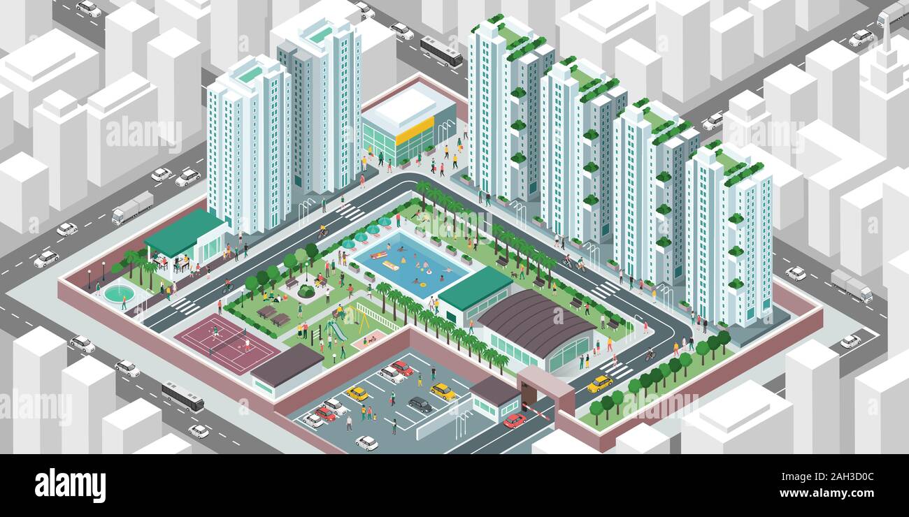 Isometric aerial view of a contemporary efficient cooperative housing society with services, facilities and people, real estate and lifestyle concept Stock Vector