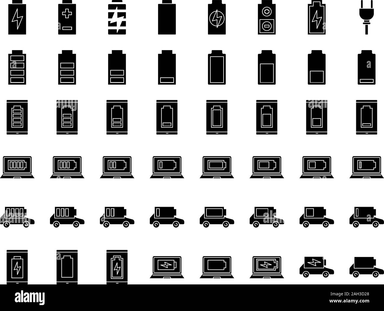 Electric energy glyph icons set. Smartphone, laptop and electric car charge. Electric energy accumulation. Battery level indicator. Silhouette symbols Stock Vector
