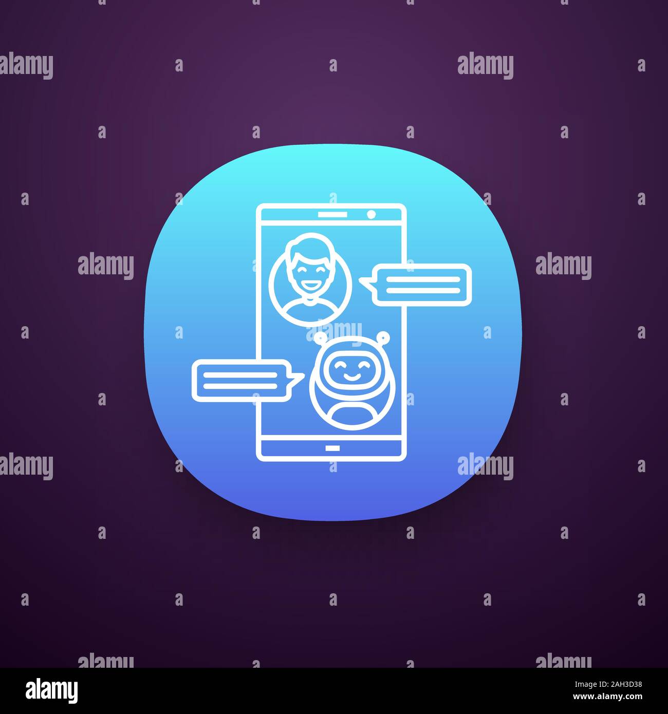 Support chatbot app icon. UI/UX user interface. Messenger bot. Modern robot. Virtual assistant. Chat bot. Man chatting with bot on smartphone. Web or Stock Vector